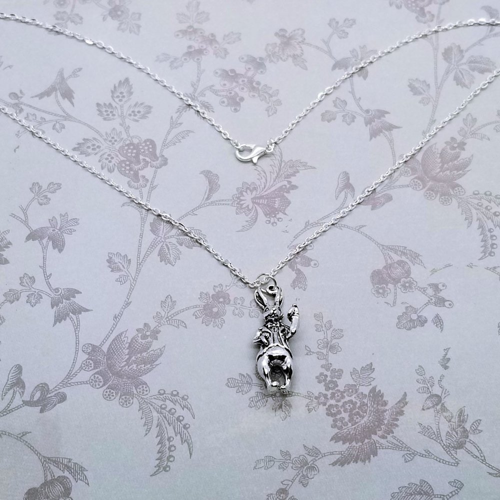 Alice in Wonderland 3D Rabbit Mad Hatter Silver Necklace - Picture 2 of 3